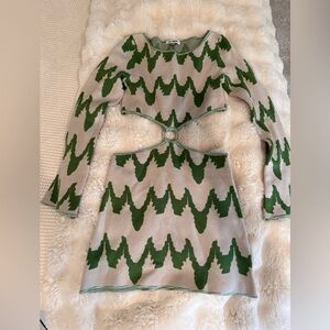 Anthropologie Celandine Green and Beige Patterned Cutout Sweater Dress